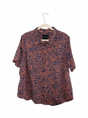 Wildfang Navy and Orange Abstract Print Shirt Short Sleeve Plus Size 3X